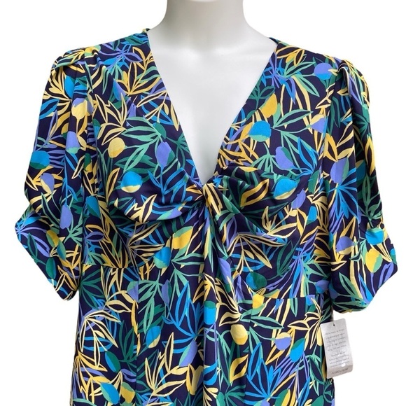 Donna Morgan Leaf Printed V-Neck Dress Womens Plus Size 18W NWT Puff Sleeve Navy - Picture 10 of 15